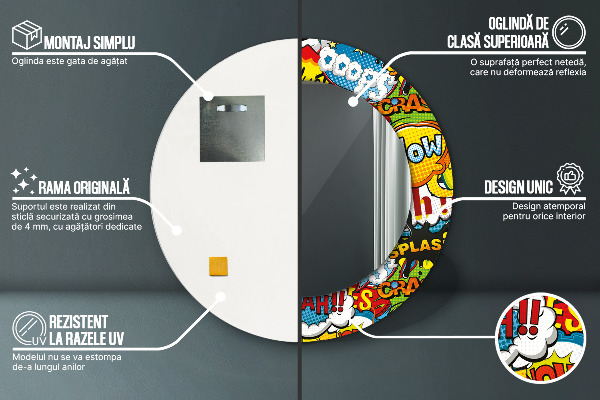 Miroir rond cadre avec impression Modèle de style comique