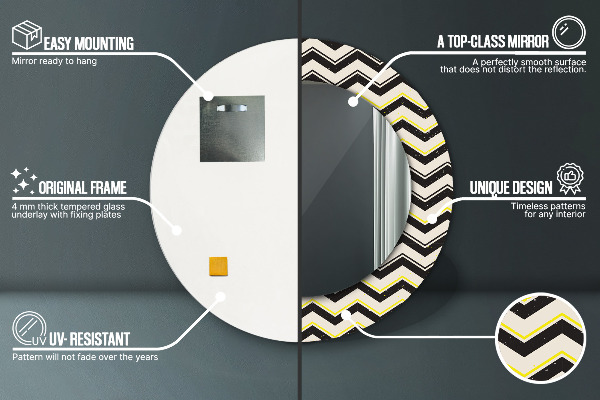 Miroir rond cadre avec impression Motif en zigzag