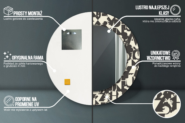 Miroir rond cadre avec impression Typographie abstraite