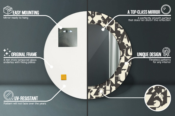 Miroir rond cadre avec impression Typographie abstraite