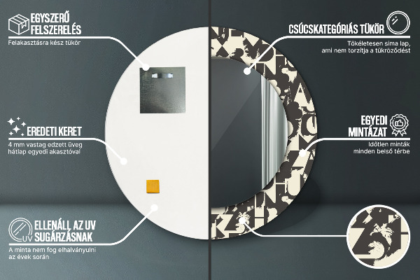 Miroir rond cadre avec impression Typographie abstraite