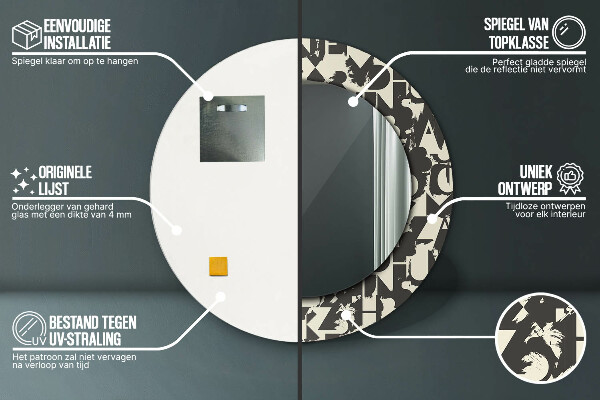 Miroir rond cadre avec impression Typographie abstraite