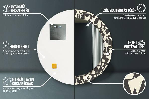 Miroir rond cadre avec impression Typographie abstraite
