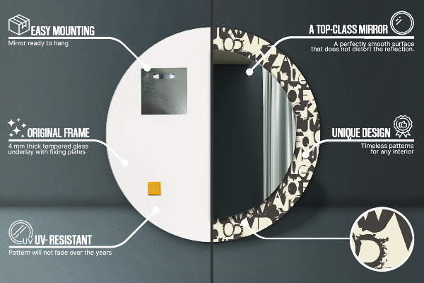 Miroir rond cadre avec impression Typographie abstraite