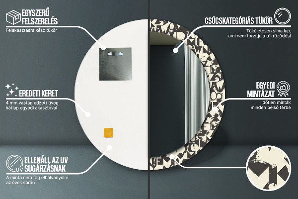 Miroir rond cadre avec impression Typographie abstraite