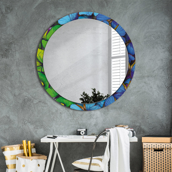Miroir rond avec décoration Papillon bleu et vert