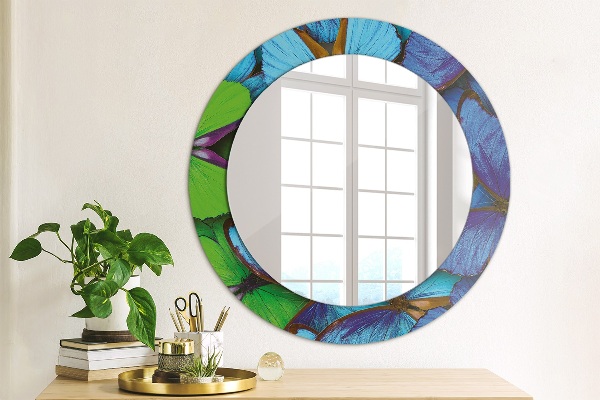 Miroir rond avec décoration Papillon bleu et vert