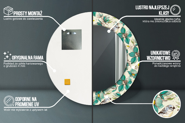 Miroir rond avec décoration Fleurs et oiseaux