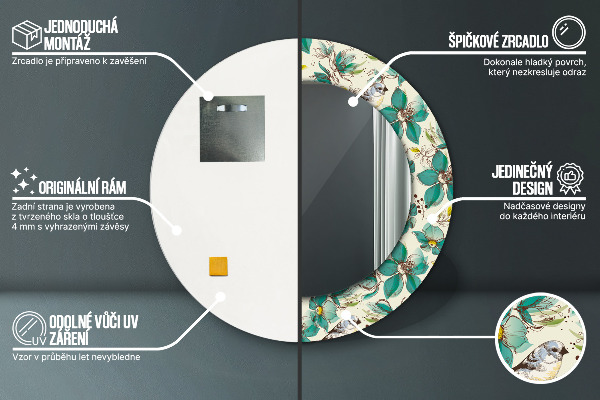 Miroir rond avec décoration Fleurs et oiseaux
