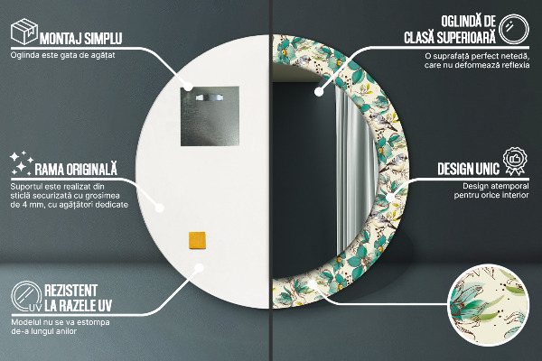 Miroir rond avec décoration Fleurs et oiseaux