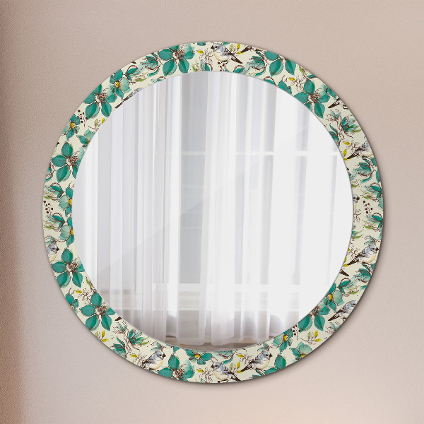 Miroir rond avec décoration Fleurs et oiseaux