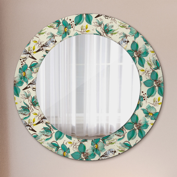 Miroir rond avec décoration Fleurs et oiseaux