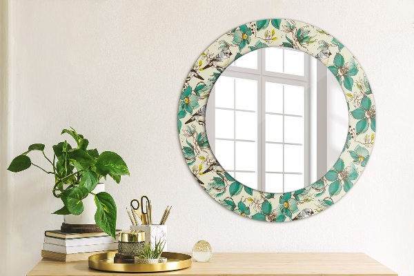 Miroir rond avec décoration Fleurs et oiseaux