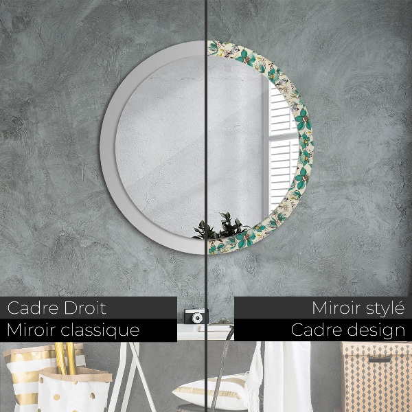 Miroir rond avec décoration Fleurs et oiseaux