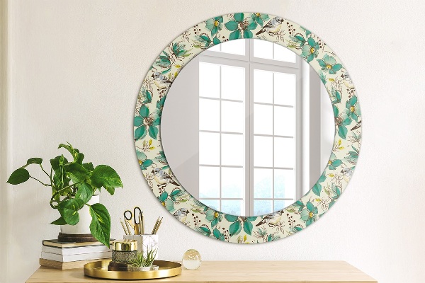 Miroir rond avec décoration Fleurs et oiseaux