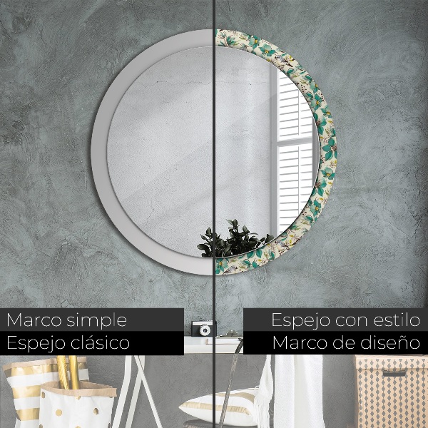Miroir rond avec décoration Fleurs et oiseaux