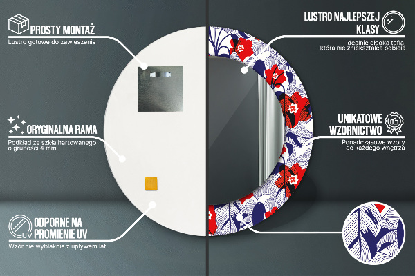 Miroir rond imprimé Filodendron et fleurs rouges