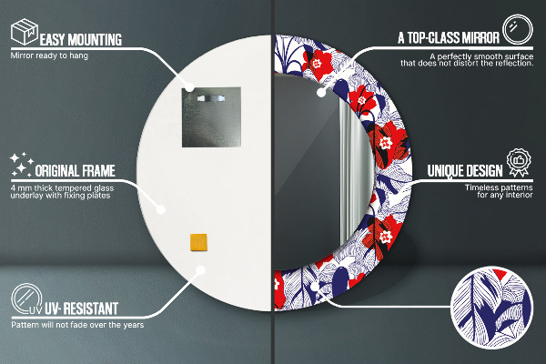 Miroir rond imprimé Filodendron et fleurs rouges