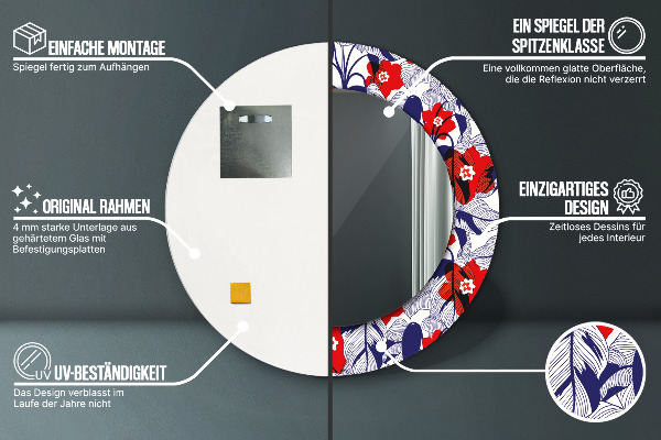 Miroir rond imprimé Filodendron et fleurs rouges