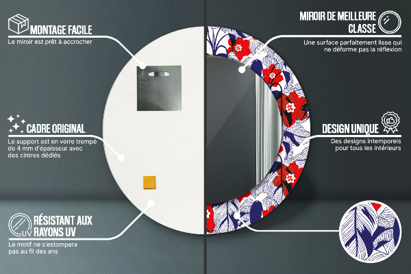 Miroir rond imprimé Filodendron et fleurs rouges