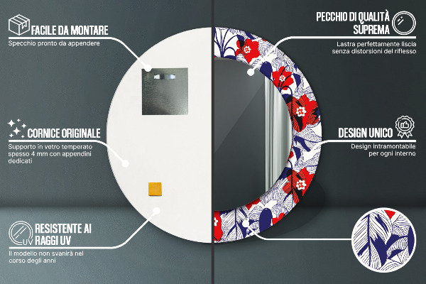 Miroir rond imprimé Filodendron et fleurs rouges