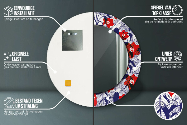 Miroir rond imprimé Filodendron et fleurs rouges