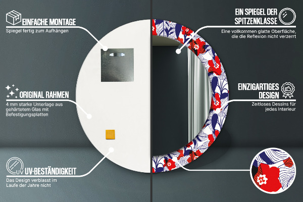 Miroir rond imprimé Filodendron et fleurs rouges