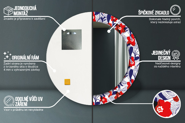 Miroir rond imprimé Filodendron et fleurs rouges