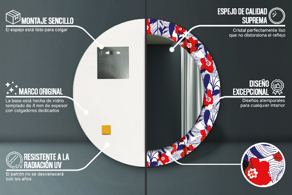 Miroir rond imprimé Filodendron et fleurs rouges