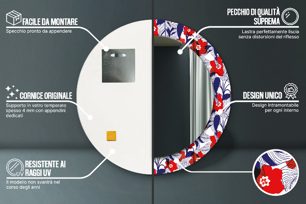 Miroir rond imprimé Filodendron et fleurs rouges