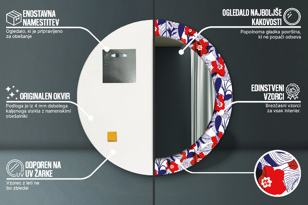 Miroir rond imprimé Filodendron et fleurs rouges