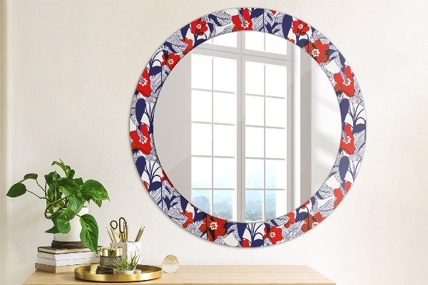 Miroir rond imprimé Filodendron et fleurs rouges