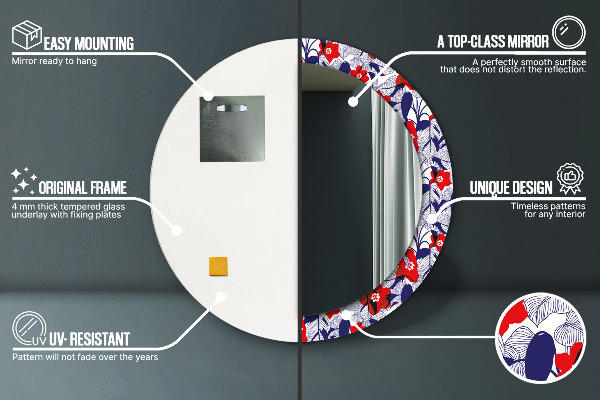 Miroir rond imprimé Filodendron et fleurs rouges