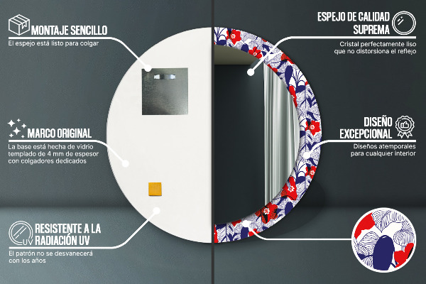 Miroir rond imprimé Filodendron et fleurs rouges