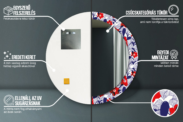 Miroir rond imprimé Filodendron et fleurs rouges