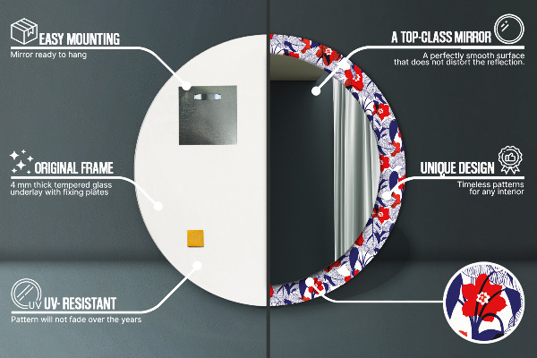 Miroir rond imprimé Filodendron et fleurs rouges