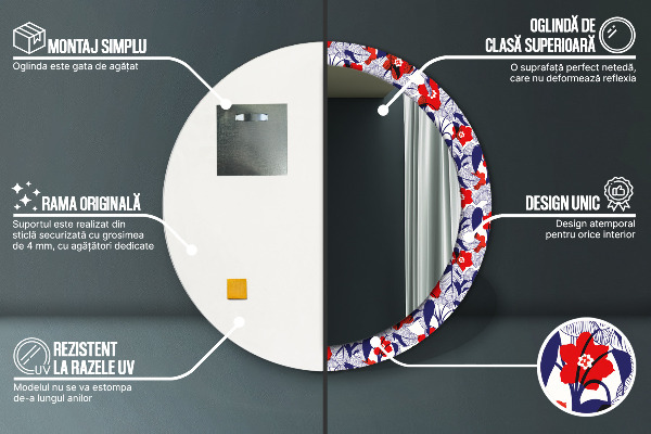 Miroir rond imprimé Filodendron et fleurs rouges