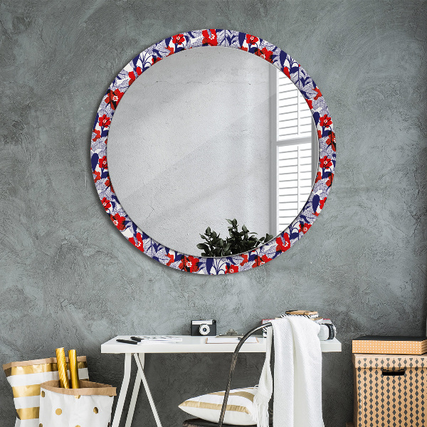 Miroir rond imprimé Filodendron et fleurs rouges