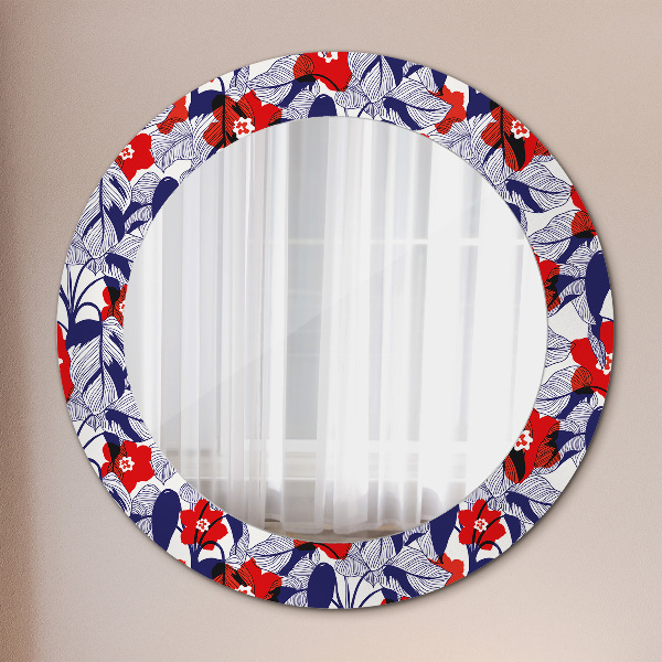 Miroir rond imprimé Filodendron et fleurs rouges