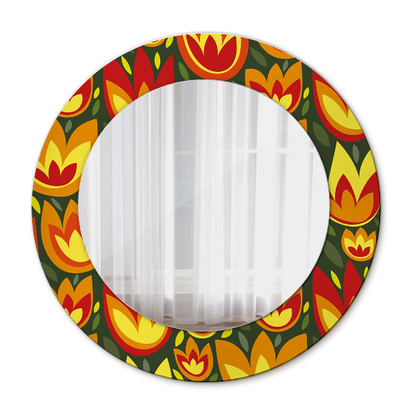 Miroir rond cadre avec impression Tulipes rétro