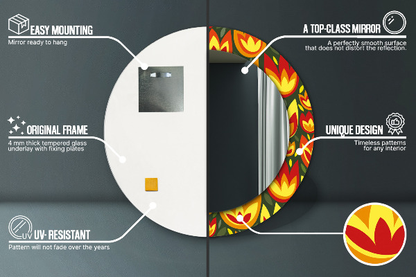 Miroir rond cadre avec impression Tulipes rétro