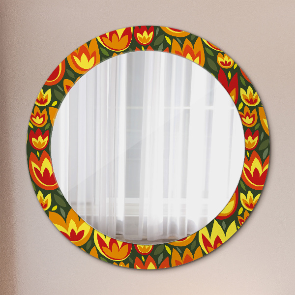 Miroir rond cadre avec impression Tulipes rétro