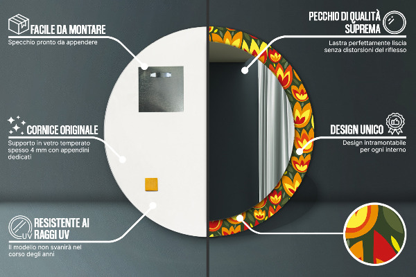 Miroir rond cadre avec impression Tulipes rétro