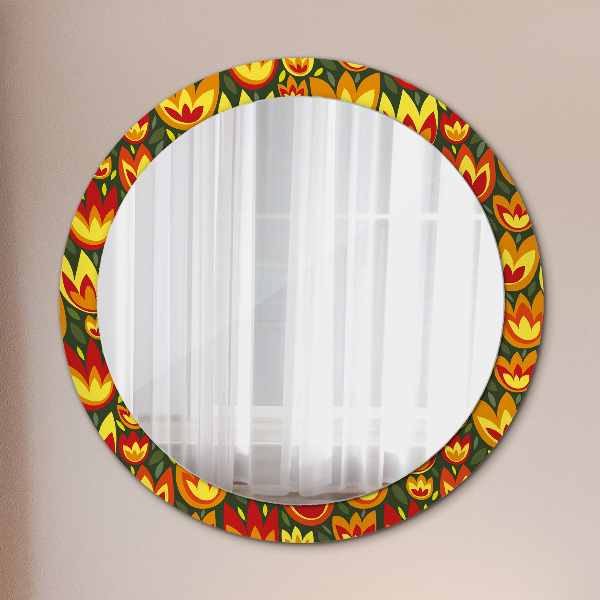 Miroir rond cadre avec impression Tulipes rétro