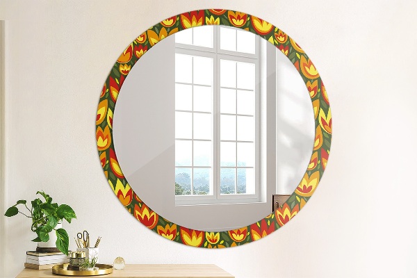 Miroir rond cadre avec impression Tulipes rétro