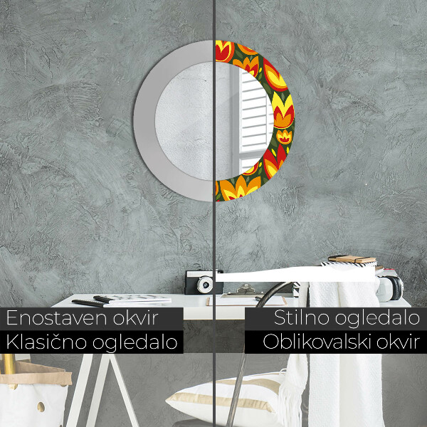 Miroir rond cadre avec impression Tulipes rétro