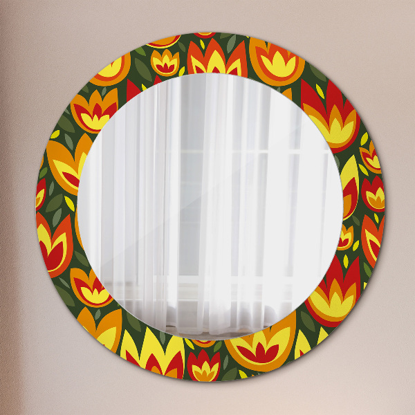 Miroir rond cadre avec impression Tulipes rétro