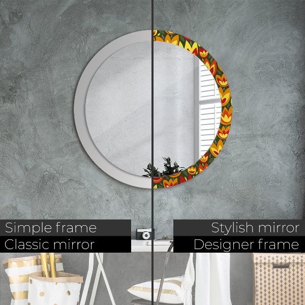 Miroir rond cadre avec impression Tulipes rétro