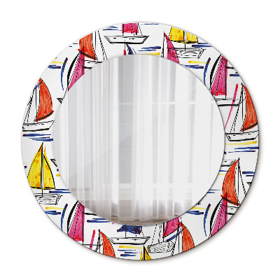 Miroir rond cadre avec impression Bateau sur le lac