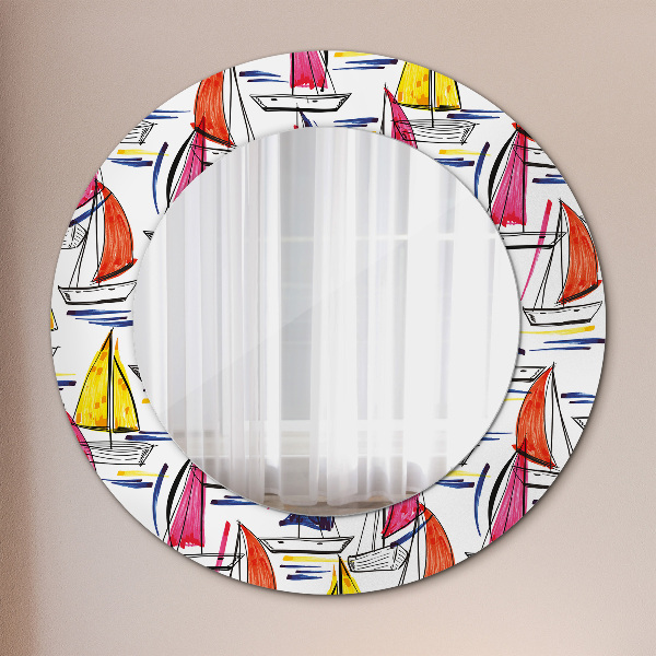 Miroir rond cadre avec impression Bateau sur le lac